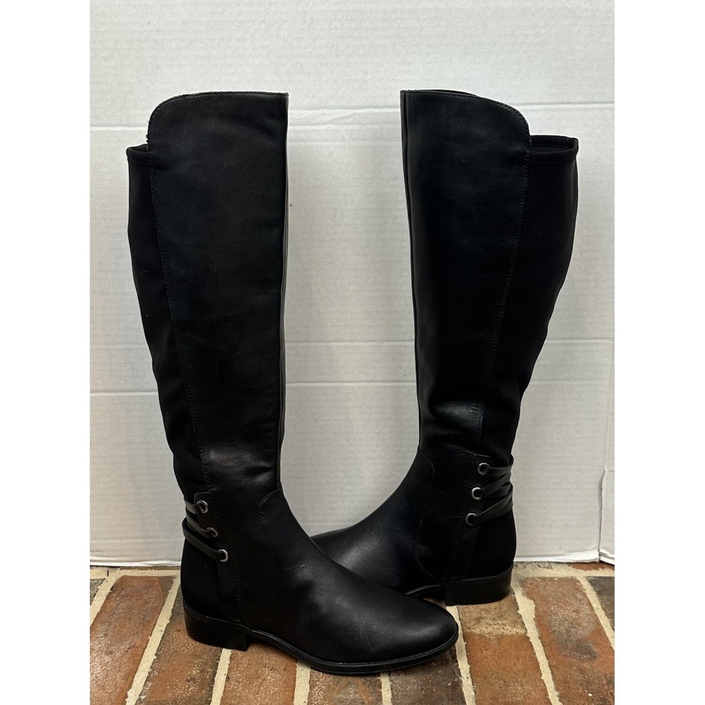 Vince Camuto Black Leather Knee High Boots Stretchy Strappy Low Heel Women 9.5 W